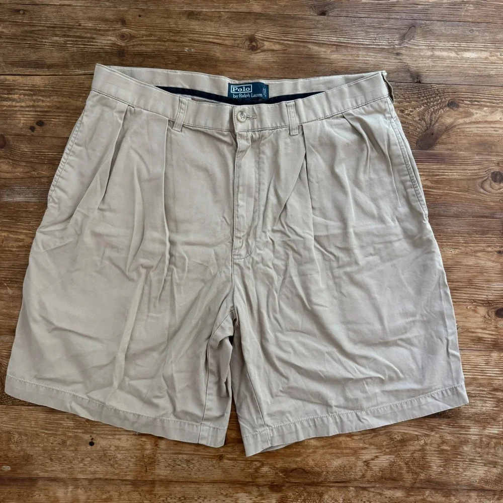 Polo Ralph Lauren Tyler Y2K 100% Cotton Khaki Tan Pleated Chino Short Men 36 EUC